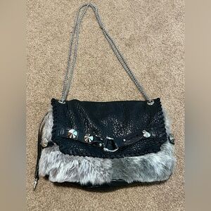 Be&D Black Leather, Fur, Chrome Studs & Chain Handbag